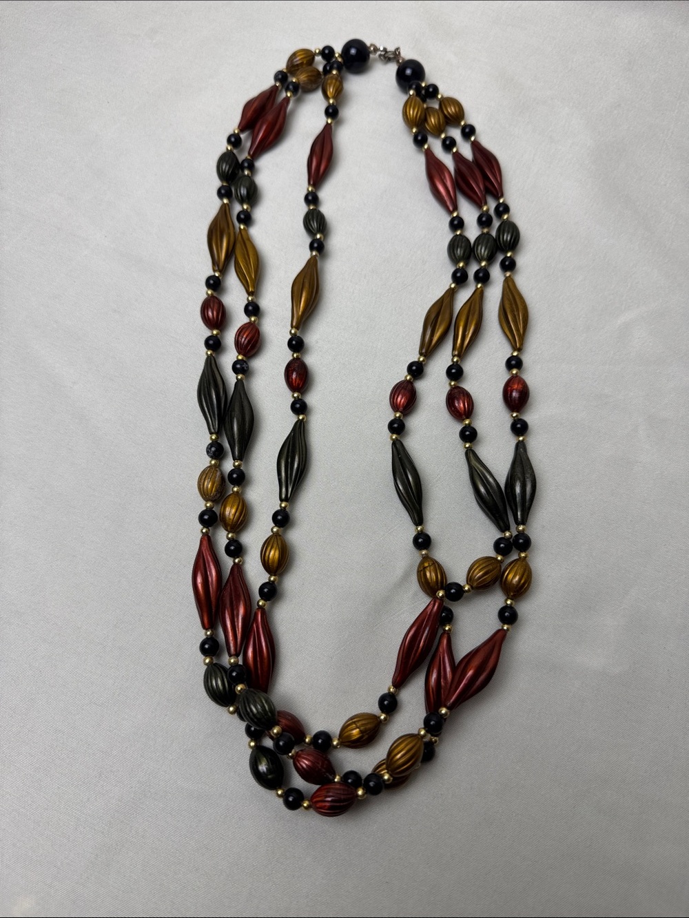 Multi-Strand Metallic Bead Necklace in Red, Gold & Black